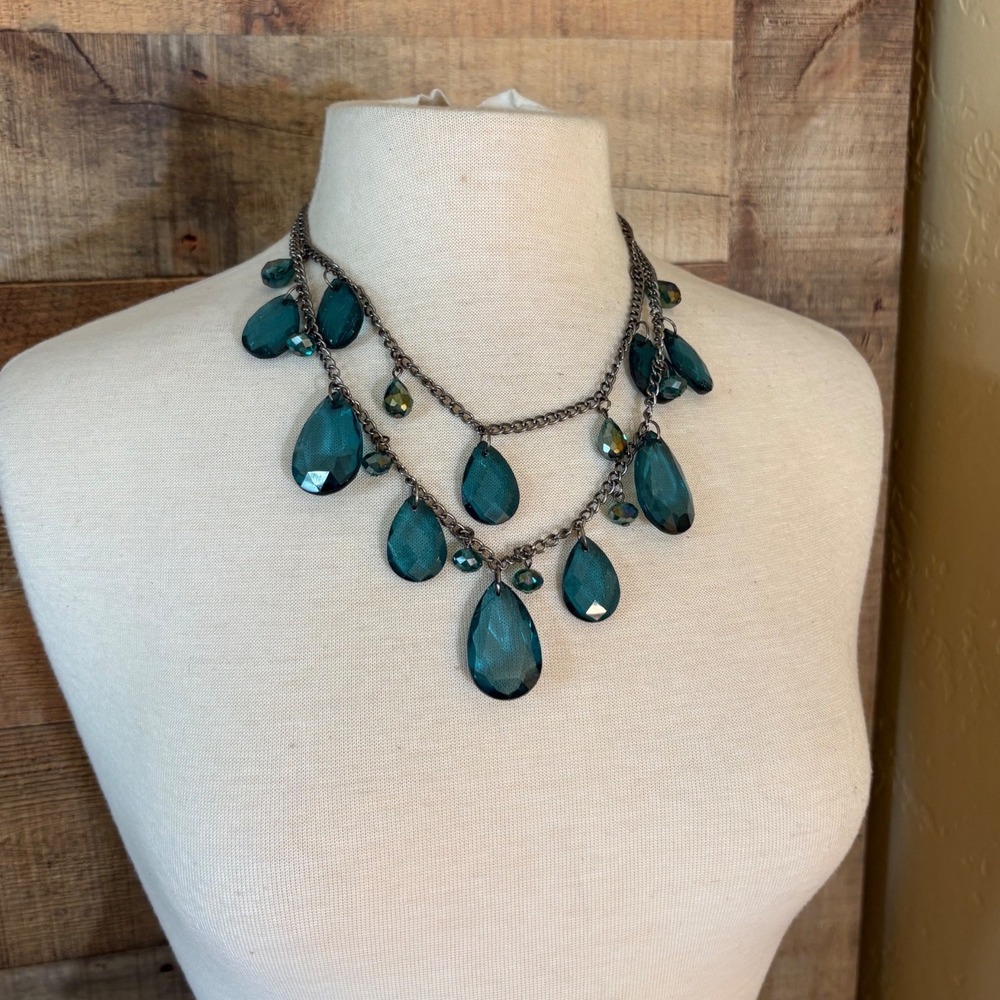 Teal Blue Teardrop Crystal Layered Statement Necklace Gunmetal Tone Chain